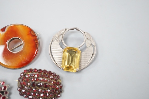 Four assorted Victorian and later brooches including agate set, 45mm.